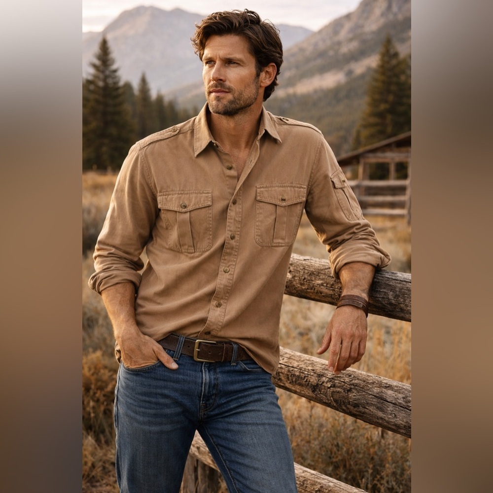 Sundance Mens Shirt XL Tan Utility Cargo Pocket Roll Tab Sleeve Military Safari